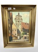 H Petersen : A cobbled street in a town, oil on canvas, 39cm x 27cm.