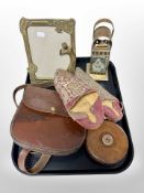 An Art Nouveau-style brass photograph frame, together with a copper oil lamp,