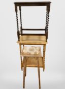 Two oak barley twist occasional tables and a plant stand