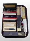 A collection of boxed an unboxed pens including Parker, Kingsley, Cross, etc.