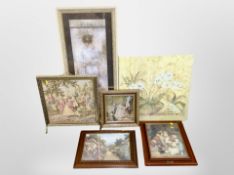 A needlework firescreen, similar gilt-framed picture, and several other prints.