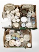 Three boxes containing Maddock dinnerware, drinking glasses, tea china, ornaments.