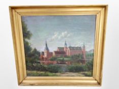 Continental school : Town buildings with lake in foreground,