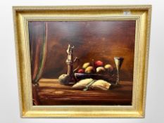 Tony Flanagan : Still life with fruit, oil on board, 59cm x 49cm.