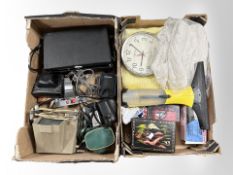 Two boxes containing vintage and later cameras, lacquered trinket box, Kärcher window vacuum,