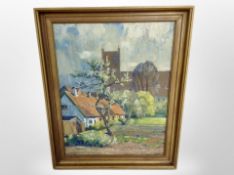 Arthur Neilsen : Buildings with church tower beyond, oil on canvas,