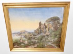 Continental school : Ruins by a coast, mixed media,