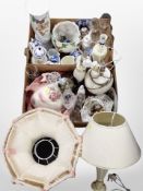 Two boxes containing lamp bases, pottery jardiniere on stand, Ringtons tea china caddies,