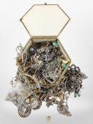 A hexagonal brass-bound jewellery casket containing a quantity of vintage and later costume