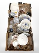 Three boxes containing drinking glasses, Imari tea china, oriental export bowls,