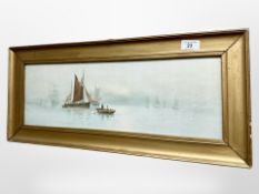 G Walters : Sailing boats in still water, watercolour, 52cm x 18cm.