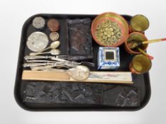 A group of silver-plated cutlery, a hand fan, several items of Russion lacquerware,