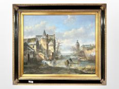 20th century Dutch School, Figures skating on ice, 60cm by 50cm.