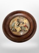 A Prattware pot lid in circular frame, diameter 16cm.