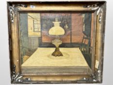 Danish School : Study of a paraffin lamp on table, oil on canvas, 61cm x 51cm.