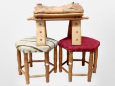 Two contintental hexagonal footstools, and a camel stool.