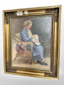 Peter Wilhardt : A woman in an armchair doing needlework, oil on canvas, 36cm x 29cm, dated 1925.