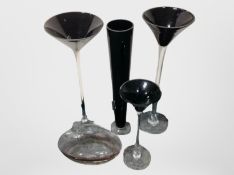 A group of contemporary glass flower arranging vases, tallest 60cm.