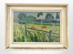 Danish school : Cows in a field, oil on board, 40cm x 27cm.