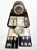 Five silver golf-themed teaspoons, together with a quantity of plated cutlery,