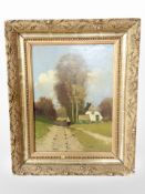 Danish school : A lady on a rural path, oil on board,