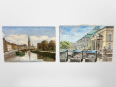 M Larsen : A view along a canal, oil on canvas, 64cm x 45cm,