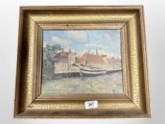 Danish school (20th century) : Fishing boats on a canal, oil on canvas, 25cm x 20cm, monogramed R.