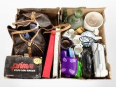 Two boxes containing Louis Vuitton-style hold-all, glass wares, popcorn maker, stainless steel dish,