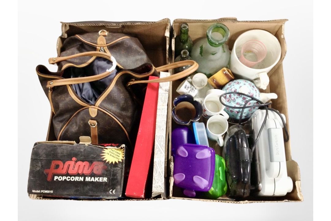 Two boxes containing Louis Vuitton-style hold-all, glass wares, popcorn maker, stainless steel dish,