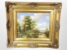 Continental school (20th century) : Figures on a rural path by a stream, oil on board, 23cm x 19cm,