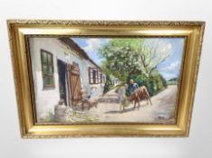 Continental scool (20th century) : A boy and a girl feeding a calf, oil on canvas, 38cm x 23cm,