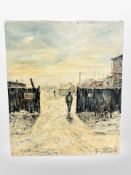 E Poulsen : Figure walking through a gateway, oil on canvas, 51cm x 60cm, unframed.