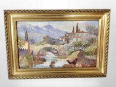 Continental school (20th century) : Villas on a hillside with stone bridge over a stream,