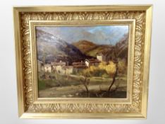 Bertolini (20th century) : Rural homesteads with rolling hills beyond, oil on board, 29cm x 23cm.