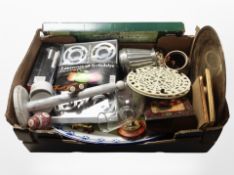 A box containing boxed metal garden arch, homewares, ceramics, etc.