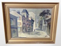 20th century Danish school : A figure in a street at dusk, oil on canvas, 39cm x 29cm.