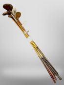 A group of mainly hickory-shafted golf clubs.