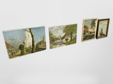 Four Danish oil paintings on canvas depicting buildings and a figure on a rock, largest 66cm x 49cm.