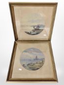 Danish School (early 20th century) : Fishing boats moored by the coast, a pair of colour engravings,