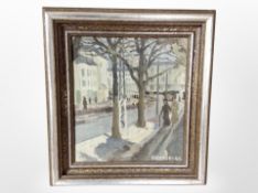 Glennoy (20th century) : Figures in a continental street, oil on canvas, 26cm x 23cm, dated '43.