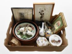 A box containing large turned wooden fruit bowl, a butterfly wing picture,