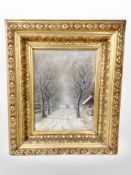 Danish school (19th century) : A horse-drawn cart travelling down a winter track, oil on canvas,