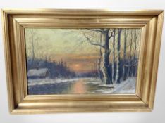 Continental school : A winter cabin at sunset, oil on canvas, 34cm x 20cm.