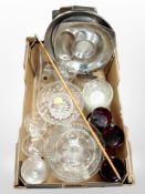 A box containing Royal Engineers swagger stick, glassware, stainless steel dishes.