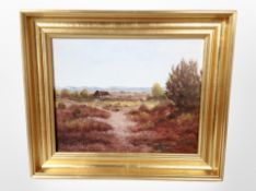 P S Randbol : Sheep amongst heather with thatched barn beyond, oil on canvas, 29cm x 23cm.