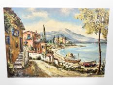 Continental school : Buildings by a lake, oil on canvas, 67cm x 97cm.