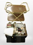 A folding brass trolley, together with a box containing household wares including Panasonic Hi-Fi,