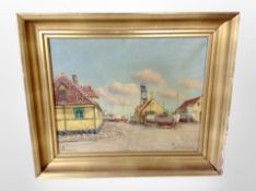 Danish school (20th century) : Fishing boats in a dockyard, oil on canvas, 39cm x 32cm.