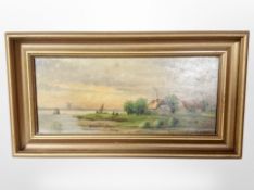 M Ammell : Homesteads on a Dutch coastline, oil on board, 30cm x 13cm.