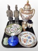 A group of oriental ceramics including pair of terracotta warriors, Japanese porcelain plates,